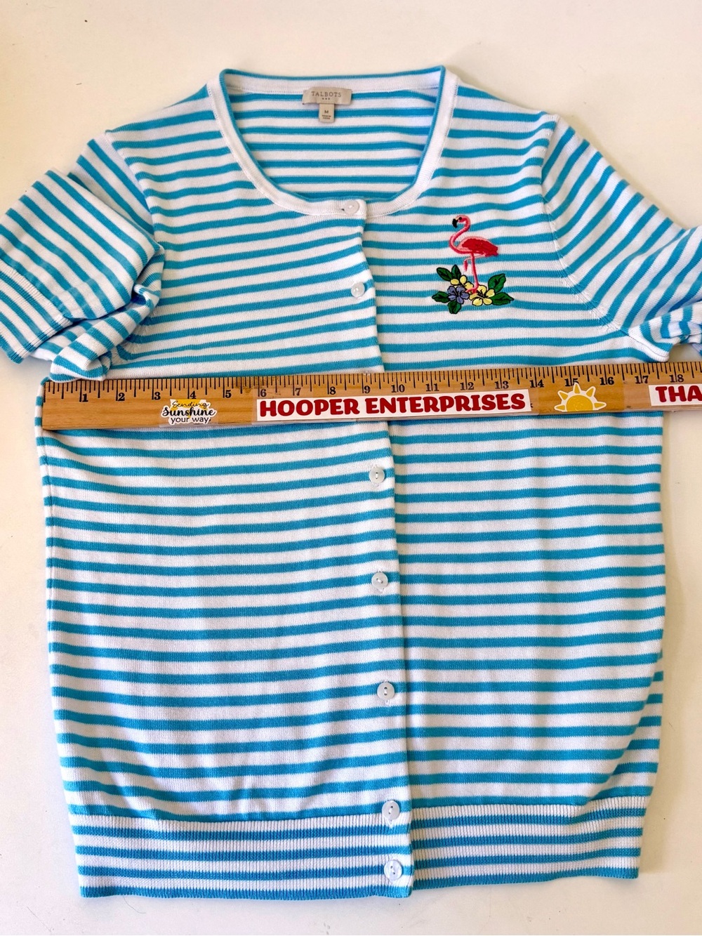 Talbots Blue White Stripe Button Down Sweater Flamingo 3/4 Sleeves Womens Size M - Picture 9 of 9